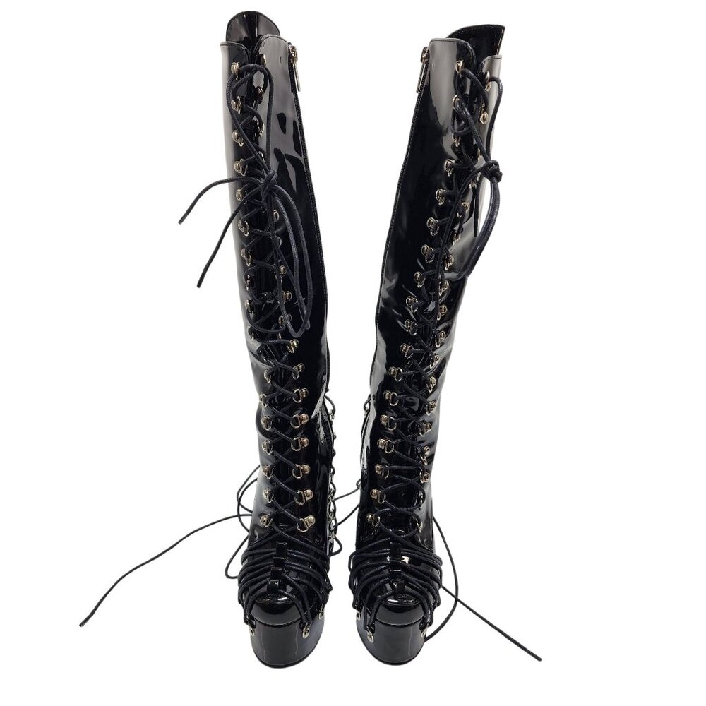Black Leather Knee-High Lace-Up Platform Boots 6 Frankie Hsu Gothic side Zipper - Picture 3 of 9